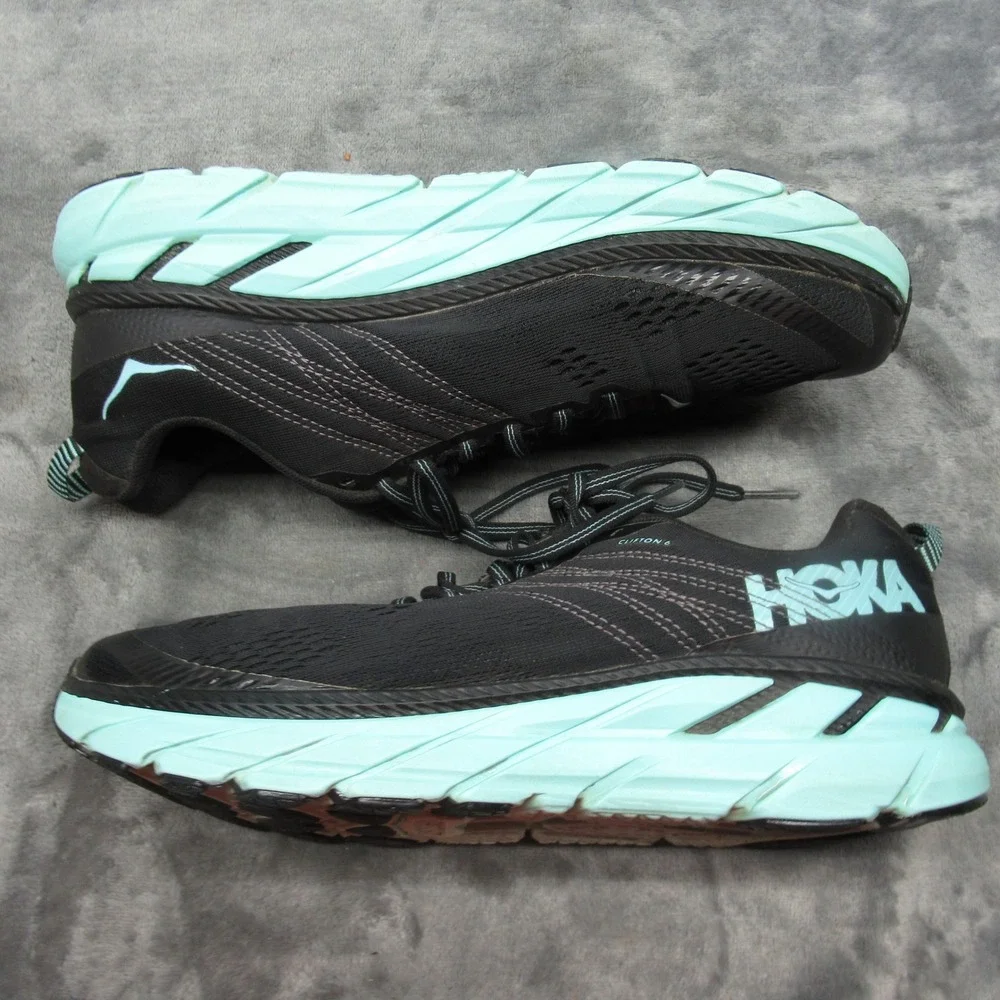 Hoka Clifton 6  Shoes Women 9.5 Black Aqua Low Sneaker‎ Lightweight Chunky Run
